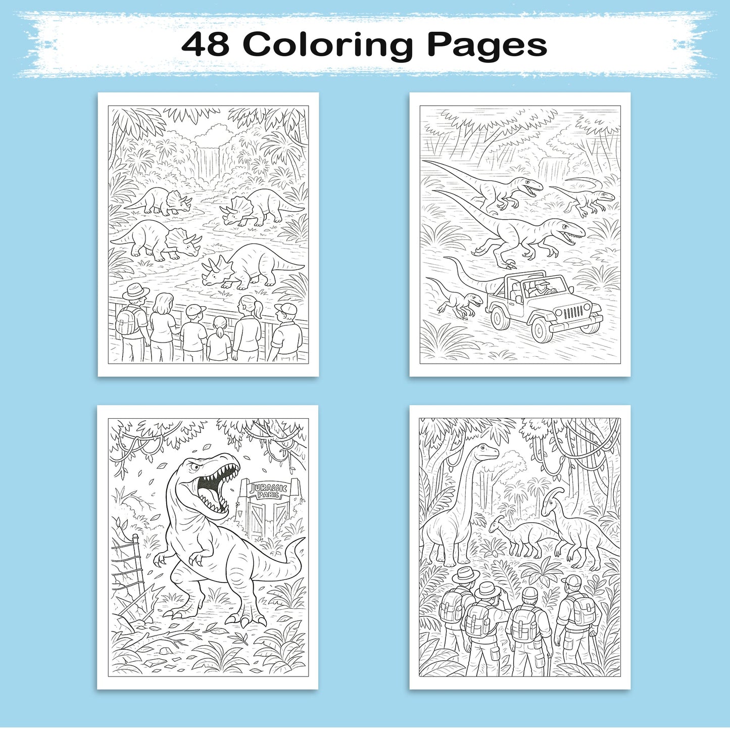 Jurassic Park Adventures – Dinosaur Coloring Pages – 48 Pages – Exciting, Wild, Prehistoric Fun – For Kids
