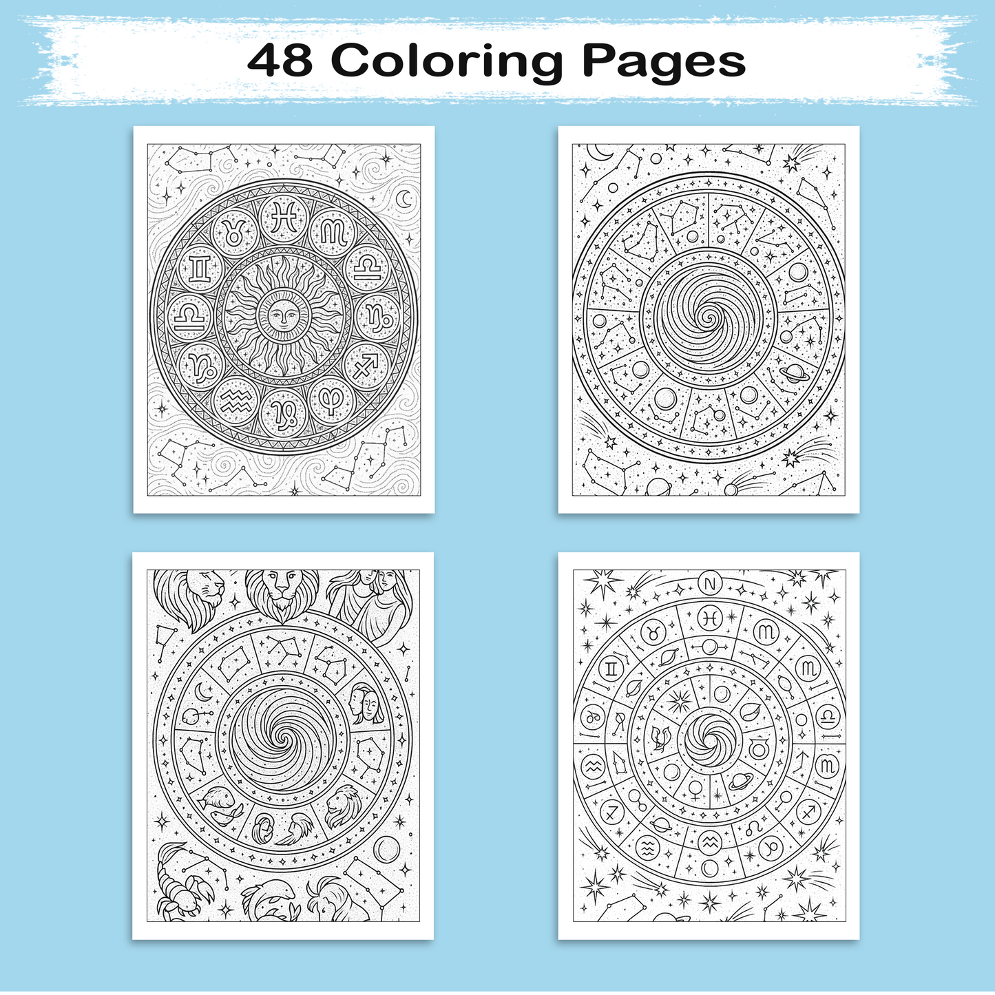Zodiac Mandalas of the Cosmos Coloring Pages – 48 Celestial Astrology Designs for Adults