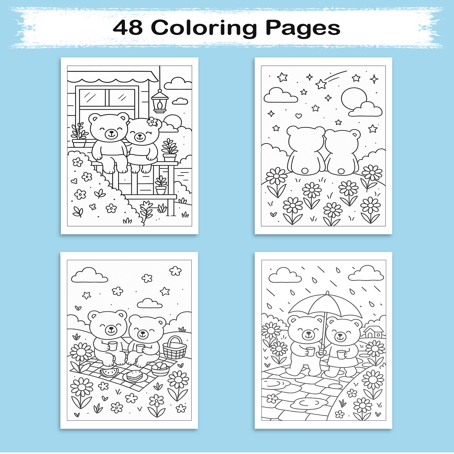 Teddy Love Story – Animal Coloring Pages – 48 Pages – Cute, Cozy, Heartwarming Moments – For Kids