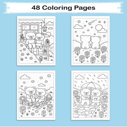 Teddy Love Story – Animal Coloring Pages – 48 Pages – Cute, Cozy, Heartwarming Moments – For Kids