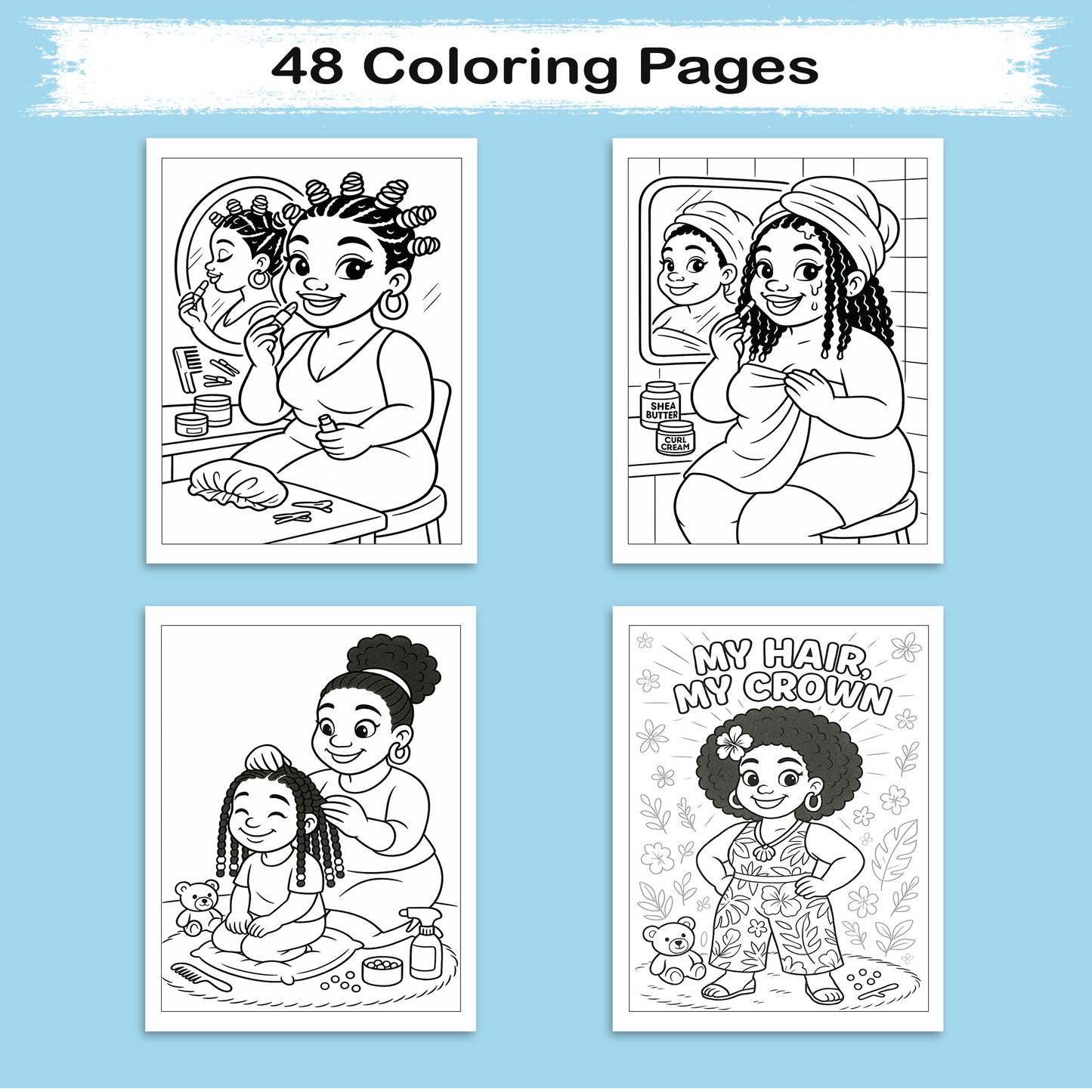 Afro Cuties Self-Care Queens Coloring Pages – 48 Pages – Fun, Beautiful, Black Girl Confidence – For Adults