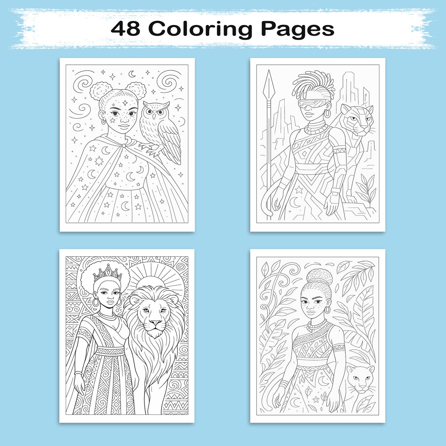 Afrofuturistic Queens Coloring Pages – 48 Pages – Futuristic, Powerful, Black Girl Magic – For Adults