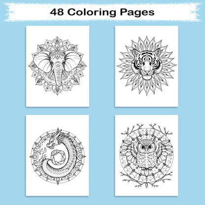 Spirit Animal Mandalas – Mandala Coloring Pages – 48 Pages – Owls, Foxes, Dragons & Sacred Beasts – For Adults