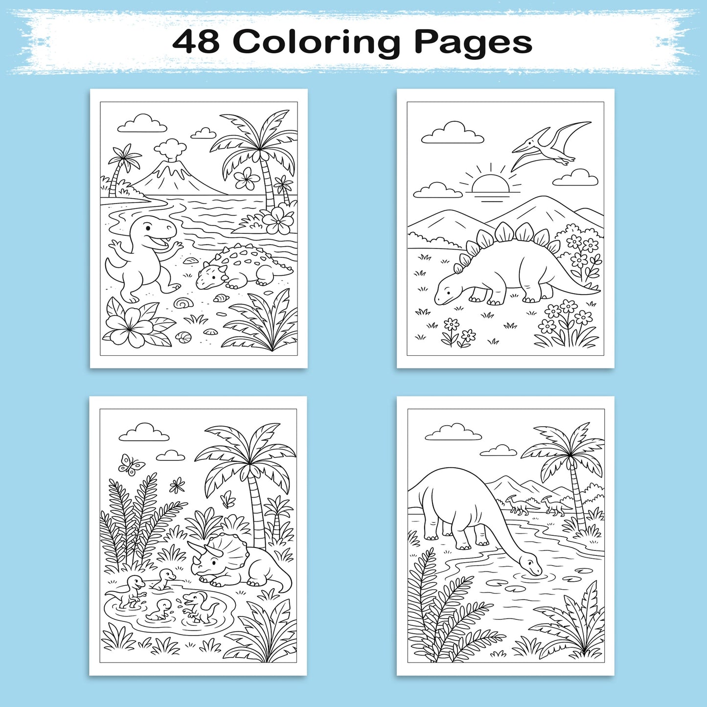Dinosaur Beach Adventures – Dinosaur Coloring Pages – 48 Pages – Fun, Tropical, Prehistoric Playtime – For Kids
