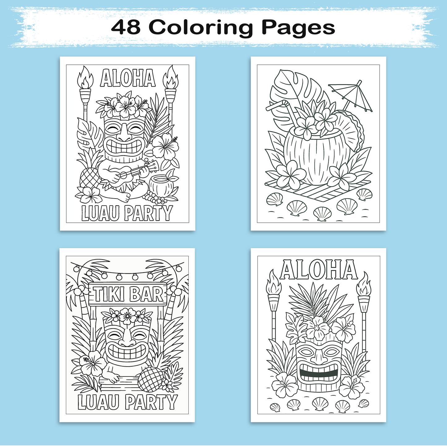 Aloha Tiki Party Coloring Pages for Kids – 48 Fun Island Designs