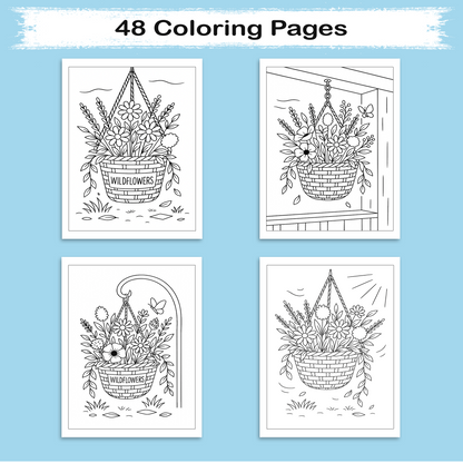 Wildflower Hanging Basket – Flower Coloring Pages – 48 Pages – Gentle, Rustic, Garden-Inspired Beauty – For Adults