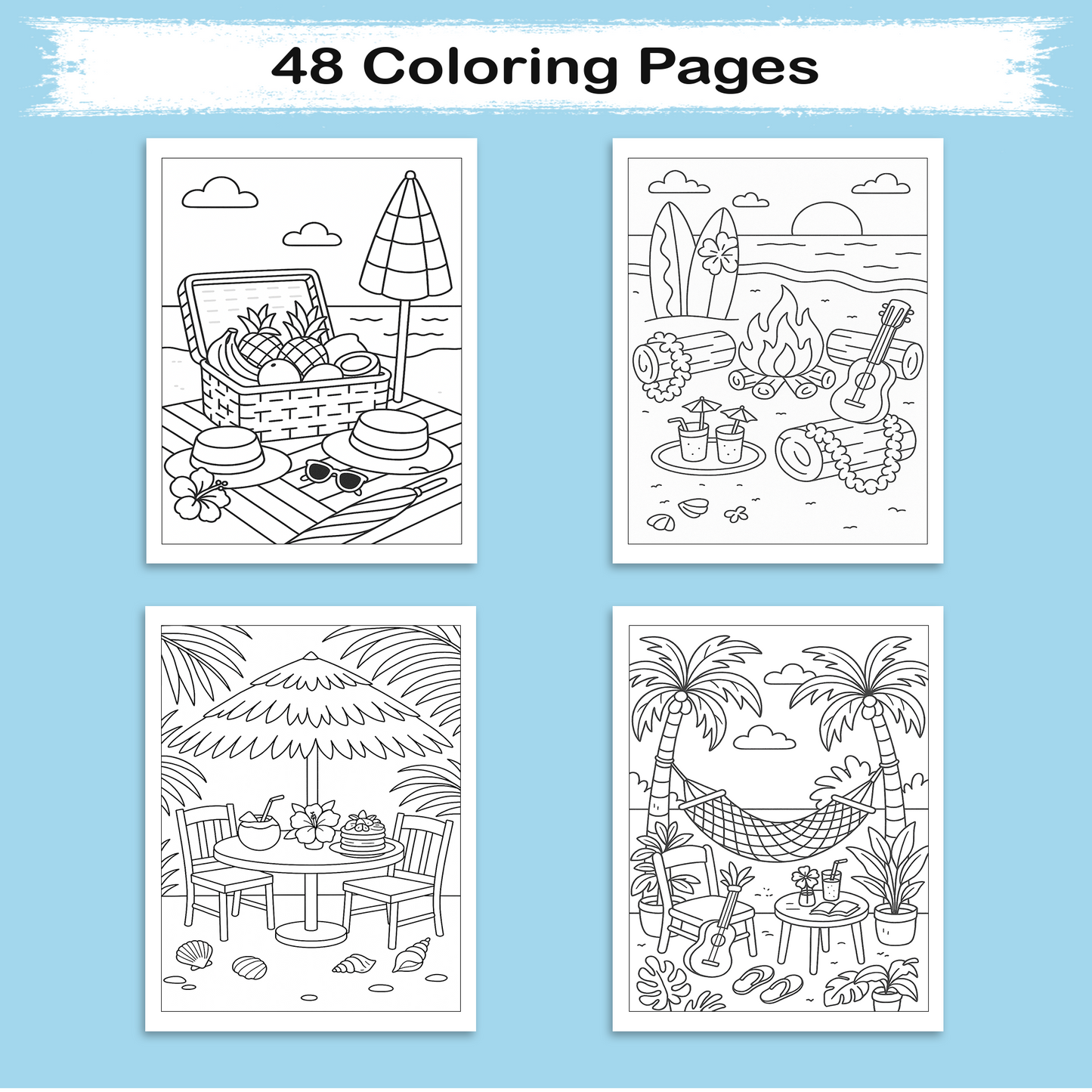 Cozy Hawaii Island Vibes Coloring Pages – 48 Pages – Chill, Zen, Beach Aesthetic – For Adults
