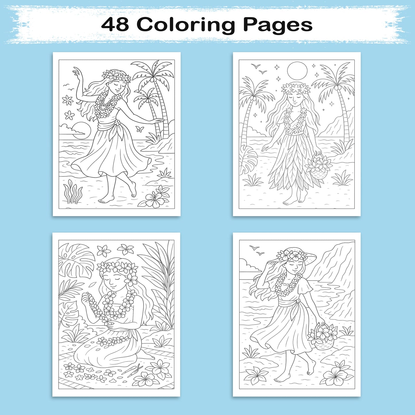 Island Girls of Hawaii Coloring Pages – 48 Tropical Portraits of Graceful Women & Scenic Views - For Adults