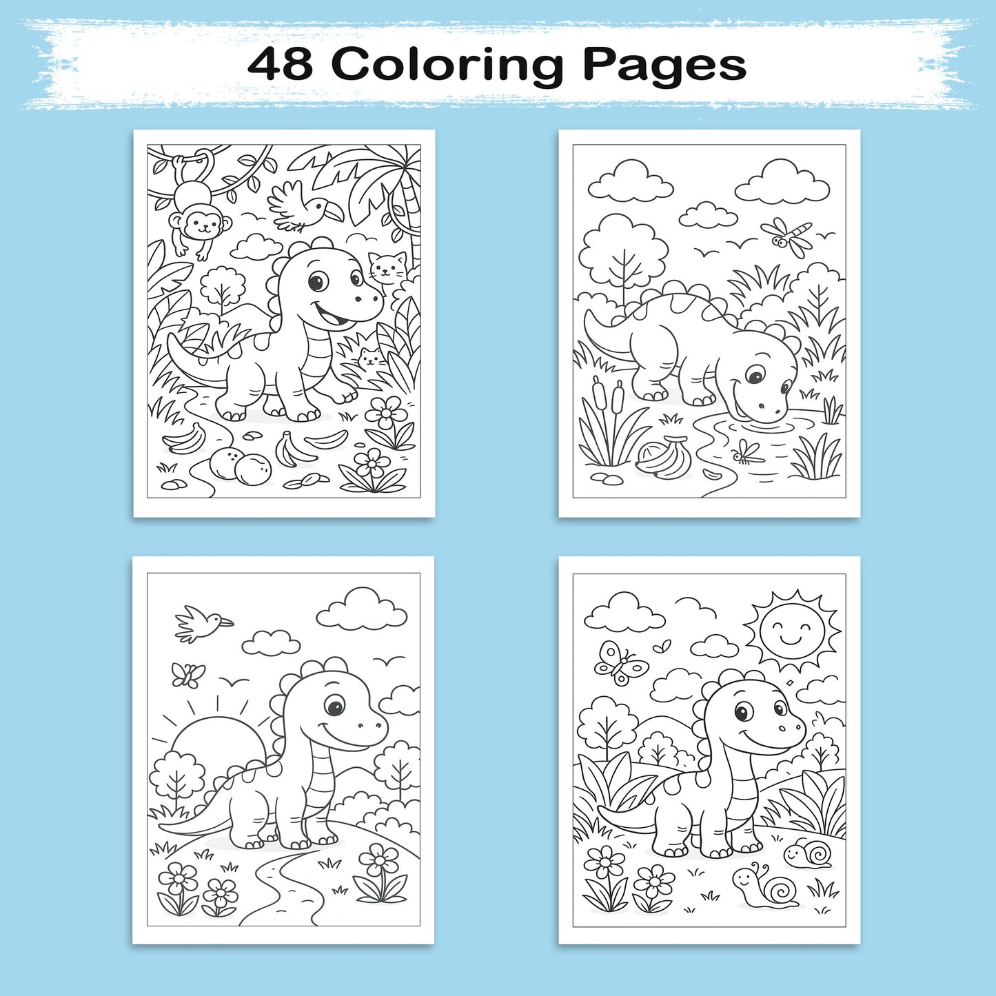 Jungle Dino Adventures Coloring Pages – 48 Pages – Fun, Wild, Prehistoric Jungle Scenes – For Kids