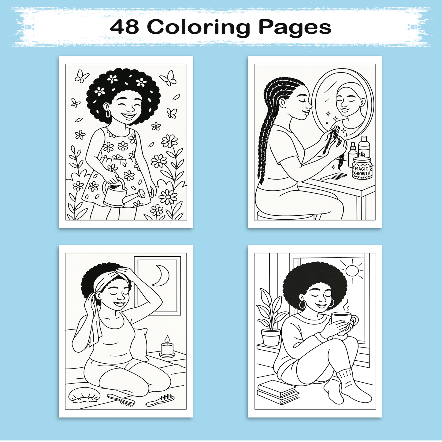 Natural Hair Magic Coloring Pages – 48 Empowering Portraits Celebrating Curls, Braids, and Black Beauty