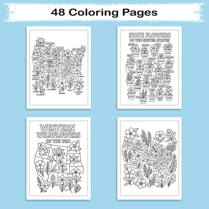 Floral Map of America – Coloring Pages – 48 State Flower Designs Across the U.S. – For Adults
