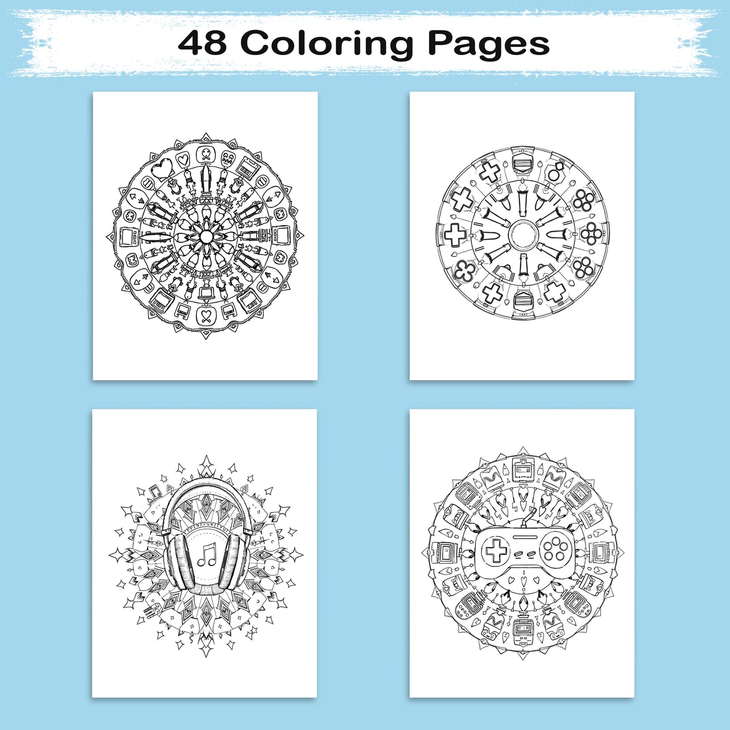Gamer Mandalas – Mandala Coloring Pages – 48 Pages – Controllers, Pixels, Retro Symbols & Game Vibes – For Teens and Adults