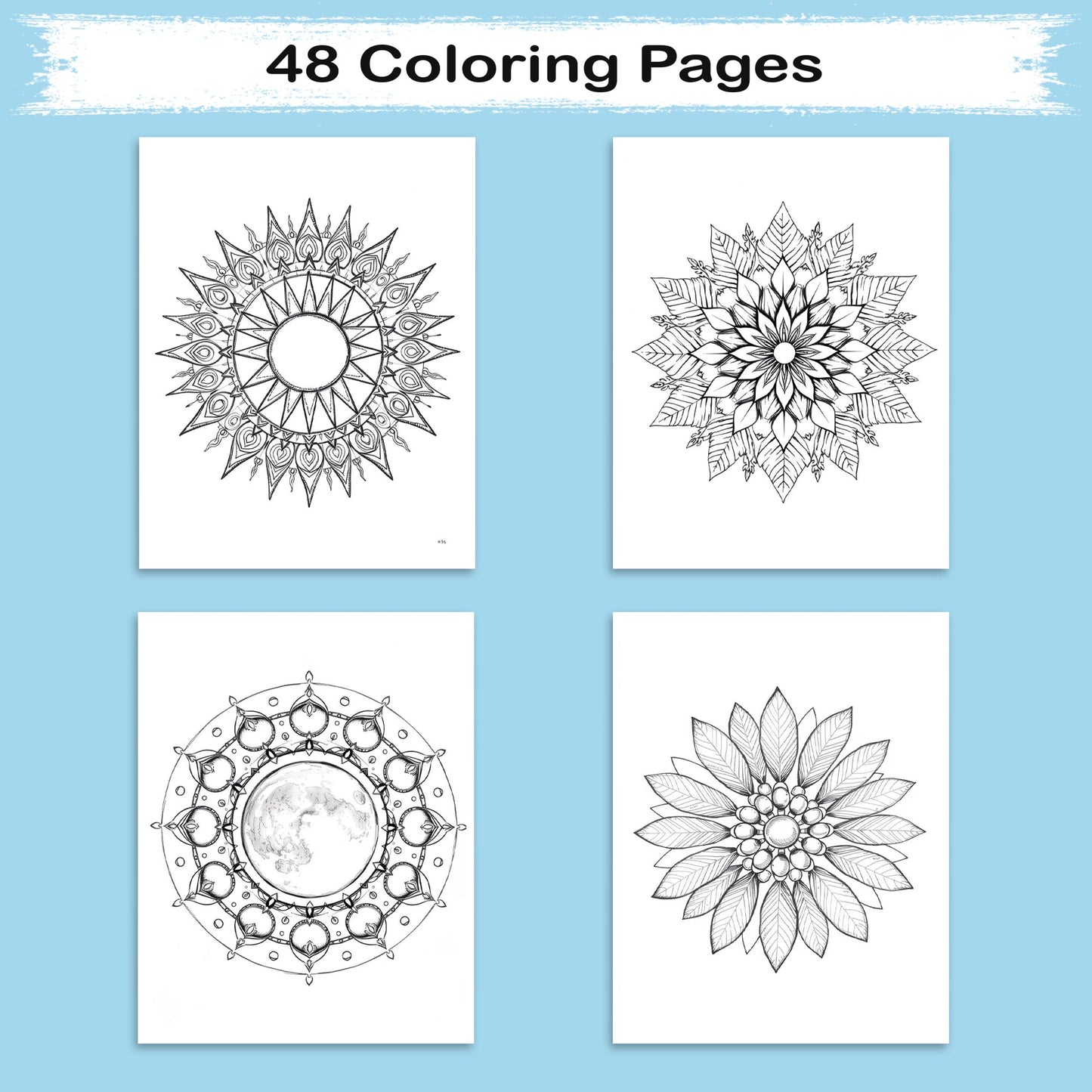Nature Elements Mandala – Mandala Coloring Pages – 48 Pages – Leaves, Stones, Waves & Celestial Forms – For Adults