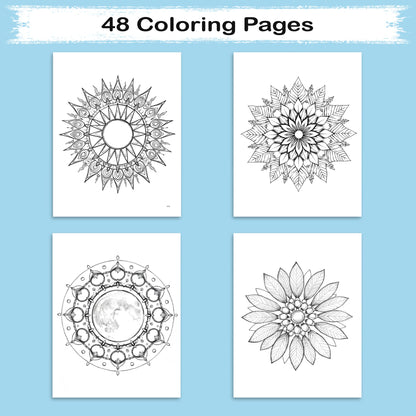 Nature Elements Mandala – Mandala Coloring Pages – 48 Pages – Leaves, Stones, Waves & Celestial Forms – For Adults