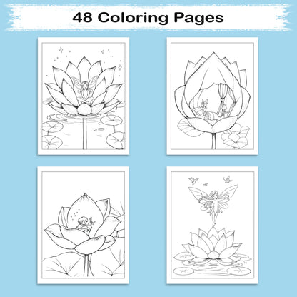 Fairies of the Lotus Bloom – Coloring Pages – 48 Magical Flower Scenes – For Kids and Adults