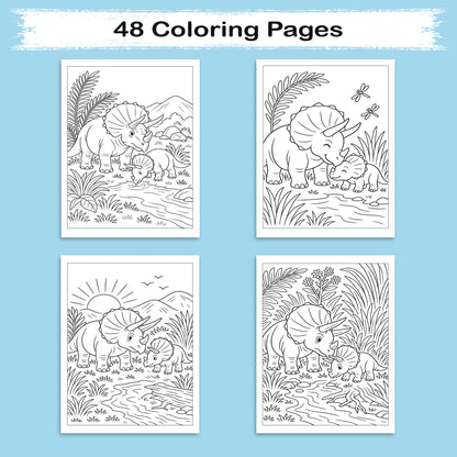 Triceratops Valley Coloring Pages – 48 Pages – Cute, Peaceful, Dinosaur Family Moments – For Kids