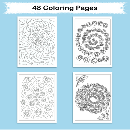 Zen Daisies Spiral – Flower Coloring Pages – 48 Pages – Meditative, Botanical, Mindful Patterns – For Adults