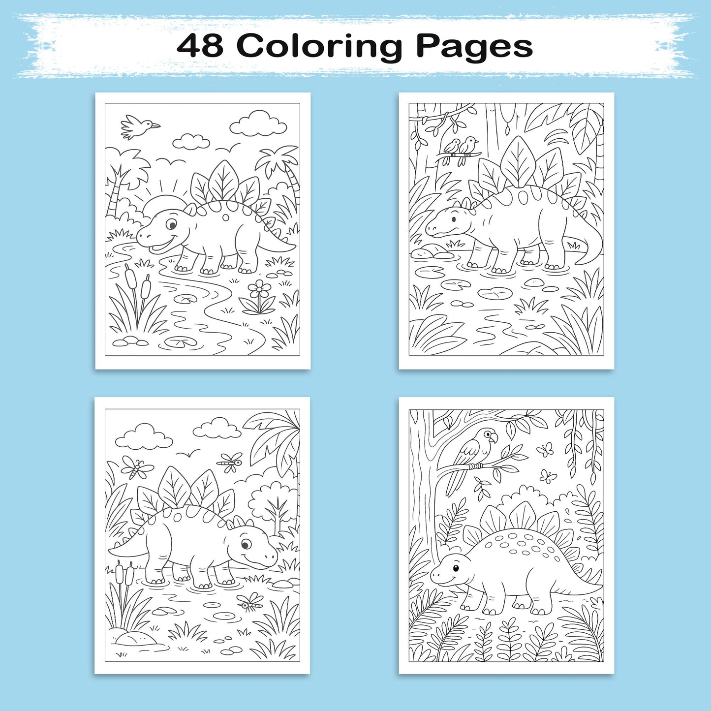 Gentle Dinosaurs in Nature Coloring Pages – 48 Pages – Cute, Calm, Jungle Adventures – For Children