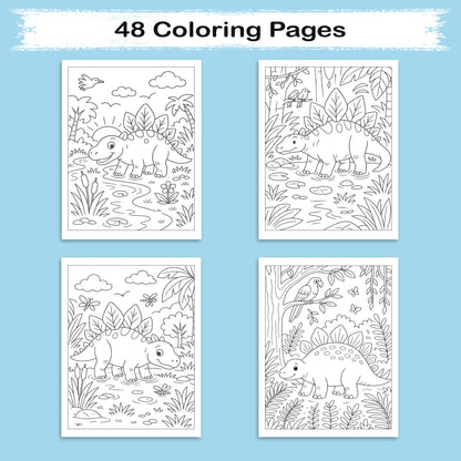Gentle Dinosaurs in Nature Coloring Pages – 48 Pages – Cute, Calm, Jungle Adventures – For Children