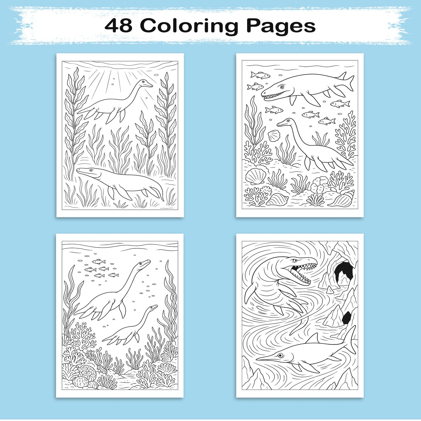 Underwater Dino Explorers – Dinosaur Coloring Pages – 48 Pages – Whimsical, Creative, Deep Sea Dinos – For All Ages