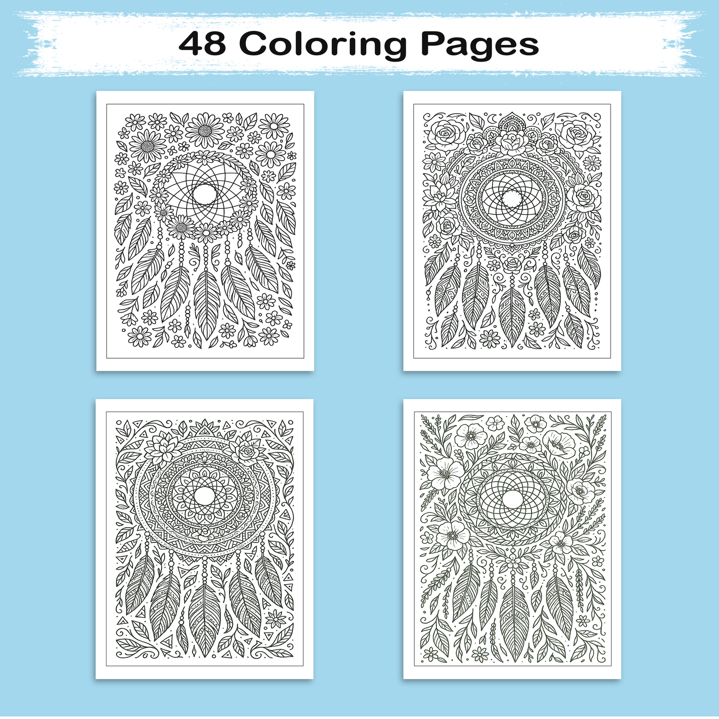 Dreamcatcher Bloom Mandalas Coloring Pages – 48 Intricate Boho Floral Designs for Adults