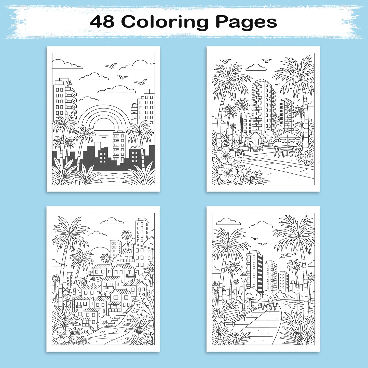 Hawaii Cityscapes & Sunsets – Hawaii Coloring Pages – 48 Pages – Tropical Urban Scenes, Sunset Views – For Adults