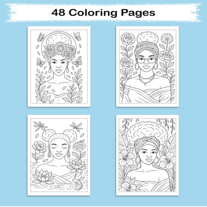Beautiful Black Queens Coloring Pages – 48 Pages – Regal, Empowering, Afrocentric Beauty – For Adults