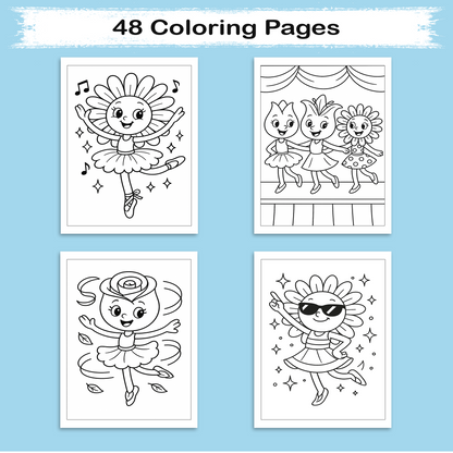 Dancing Flower Friends–  Flower Coloring Pages –  48 Pages - Cute, Whimsical, Ballerina Blooms – For Kids