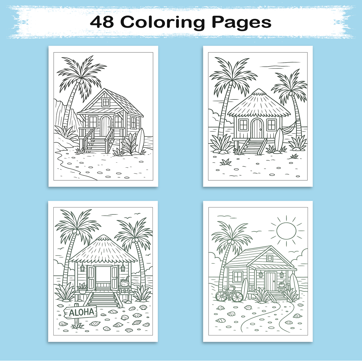 Cozy Island Life Coloring Pages – 48 Pages – Chill, Peaceful, Tropical Moments – For Adults