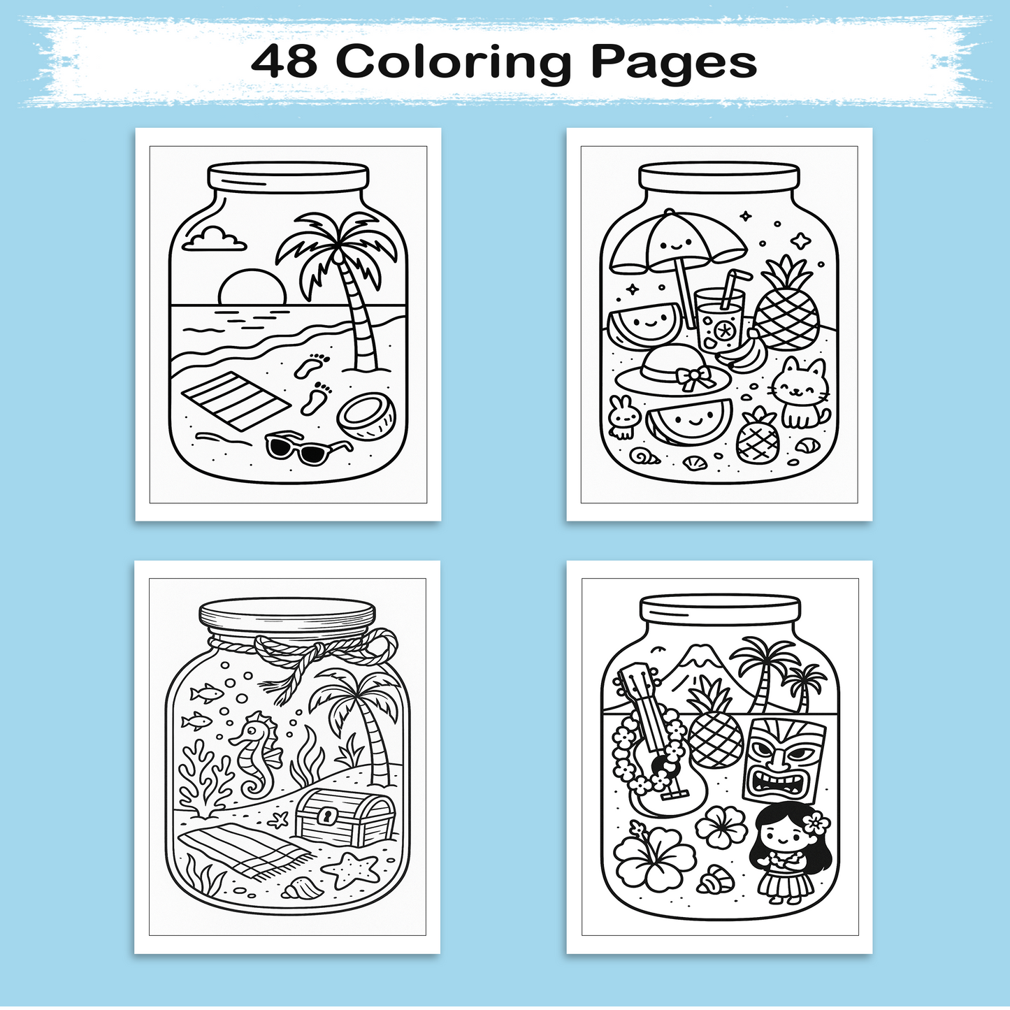 Hawaii in a Jar Coloring Pages – 48 Pages – Whimsical, Relaxing, Beach Aesthetic – For Adults