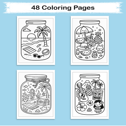 Hawaii in a Jar Coloring Pages – 48 Pages – Whimsical, Relaxing, Beach Aesthetic – For Adults