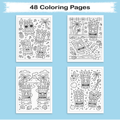 Tiki Party Vibes Coloring Pages – 48 Pages – Fun, Playful, Luau Adventures – For Kids