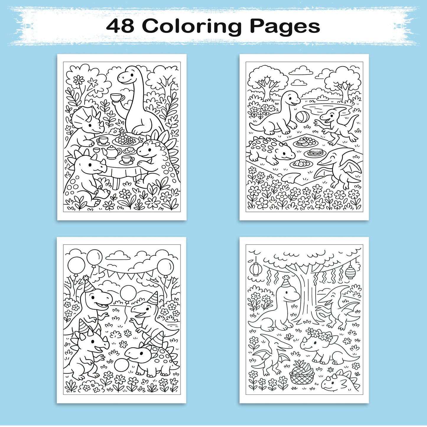 Dinosaurs’ Delightful Day in Nature – Dinosaur Coloring Pages – 48 Pages – Joyful, Outdoor, Prehistoric Scenes – For Kids