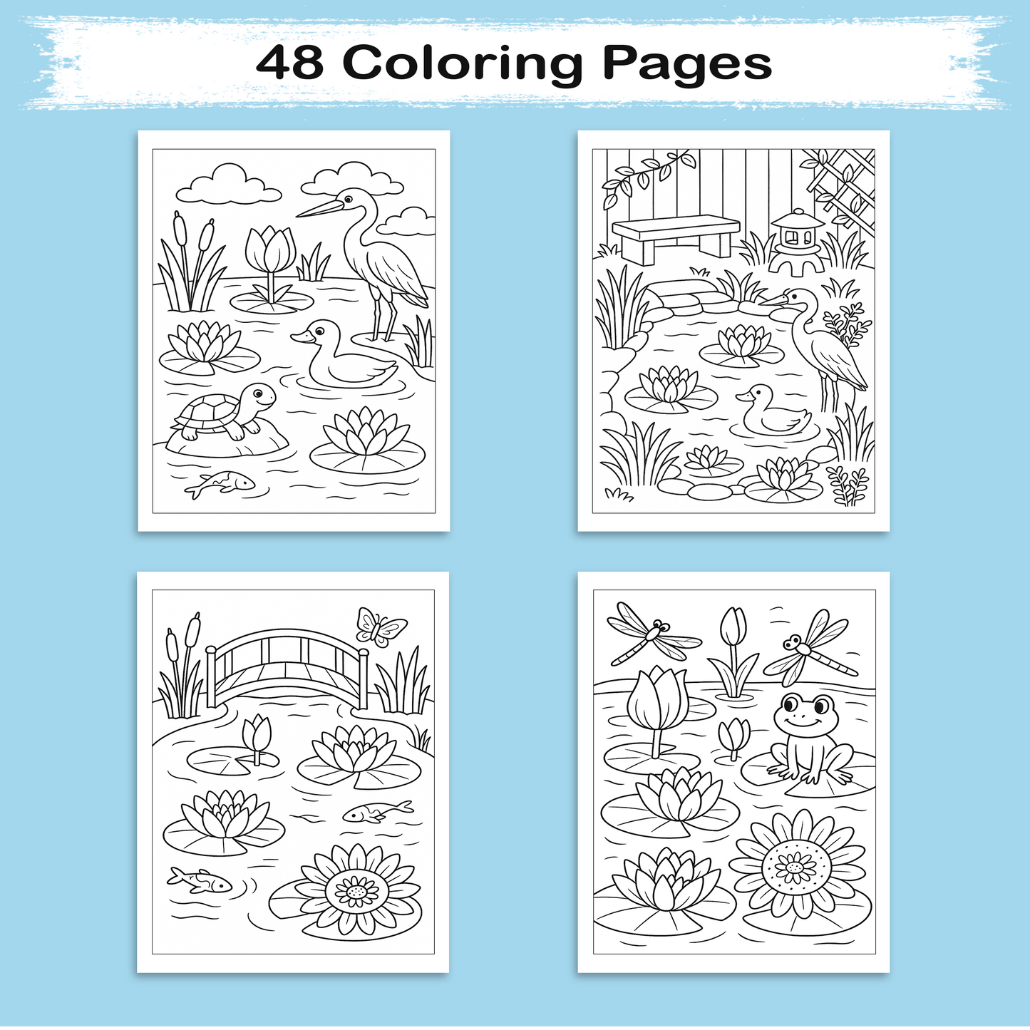 Lily Pond Dreams – Flower Coloring Pages – 48 Pages – Peaceful, Nature-Inspired, Water Garden Art – For Adults