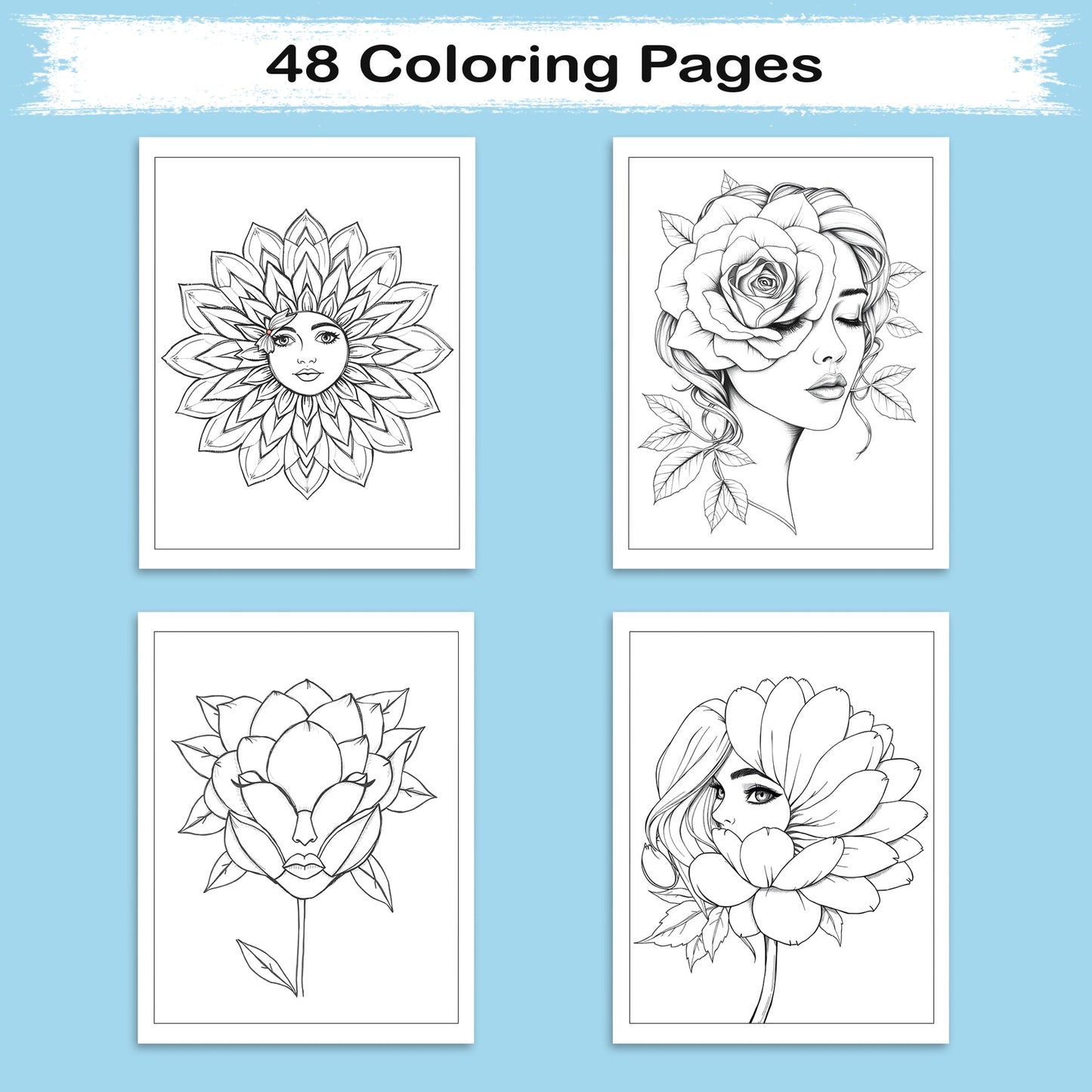 Faces in Bloom – Coloring Pages – 48 Surreal Floral Portraits – For Kids And Adults