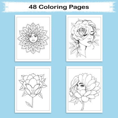 Faces in Bloom – Coloring Pages – 48 Surreal Floral Portraits – For Kids And Adults