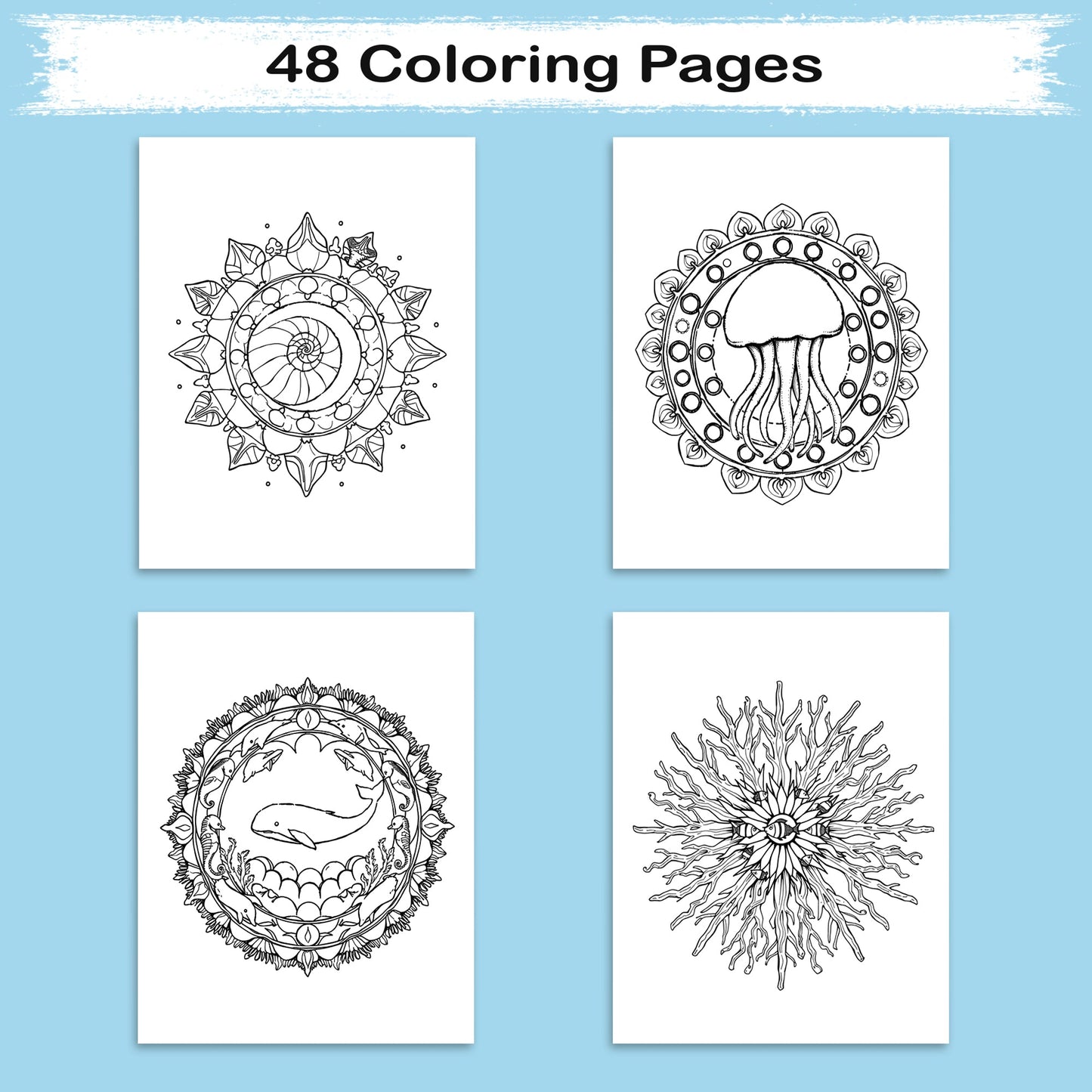 Ocean Mandalas – Mandala Coloring Pages – 48 Pages – Shells, Seahorses, Waves & Underwater Flow – For Adults