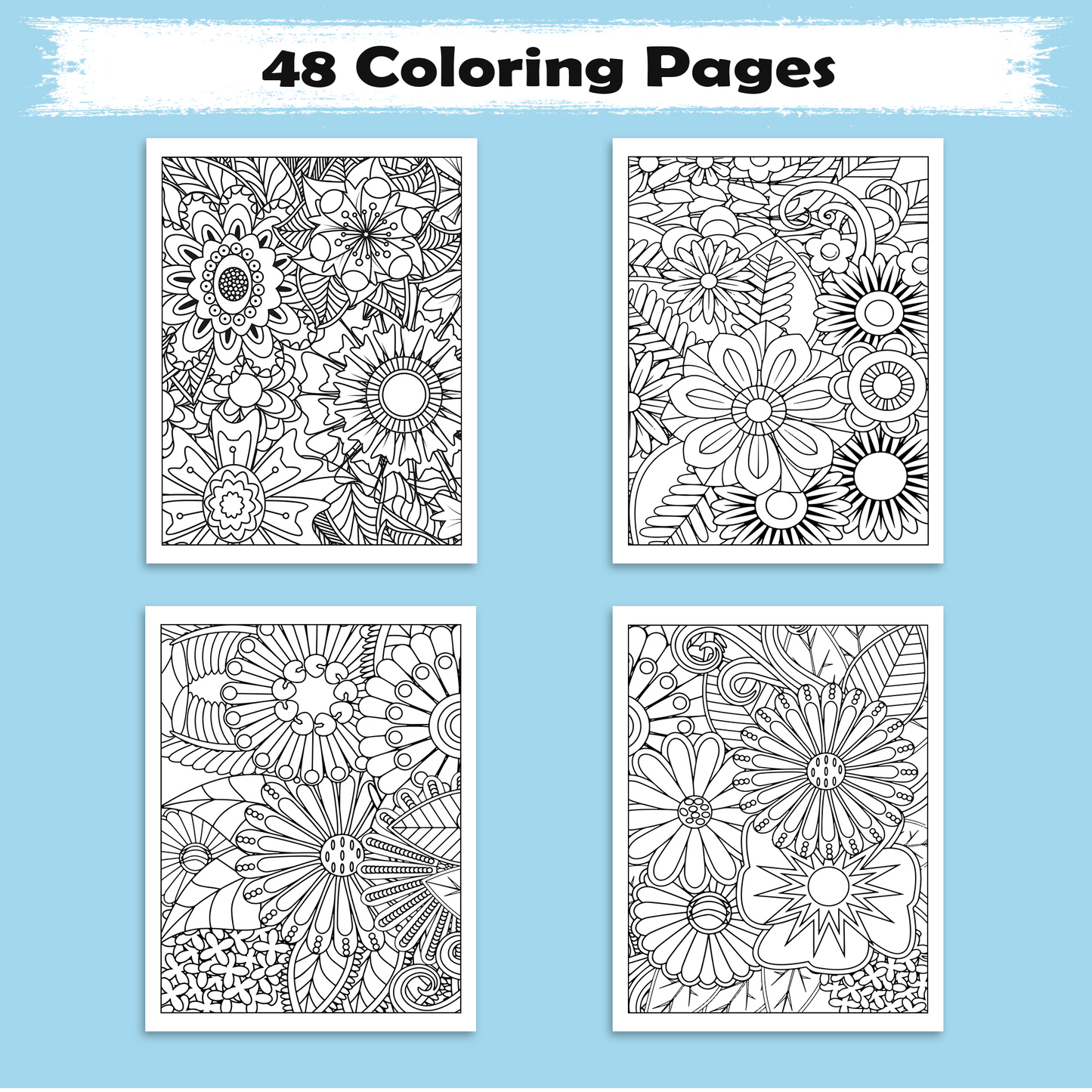 Floral Whimsy Escape – Flower Coloring Pages – 48 Pages – Intricate Blooms & Patterns – For Adults