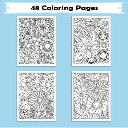 Floral Whimsy Escape – Flower Coloring Pages – 48 Pages – Intricate Blooms & Patterns – For Adults