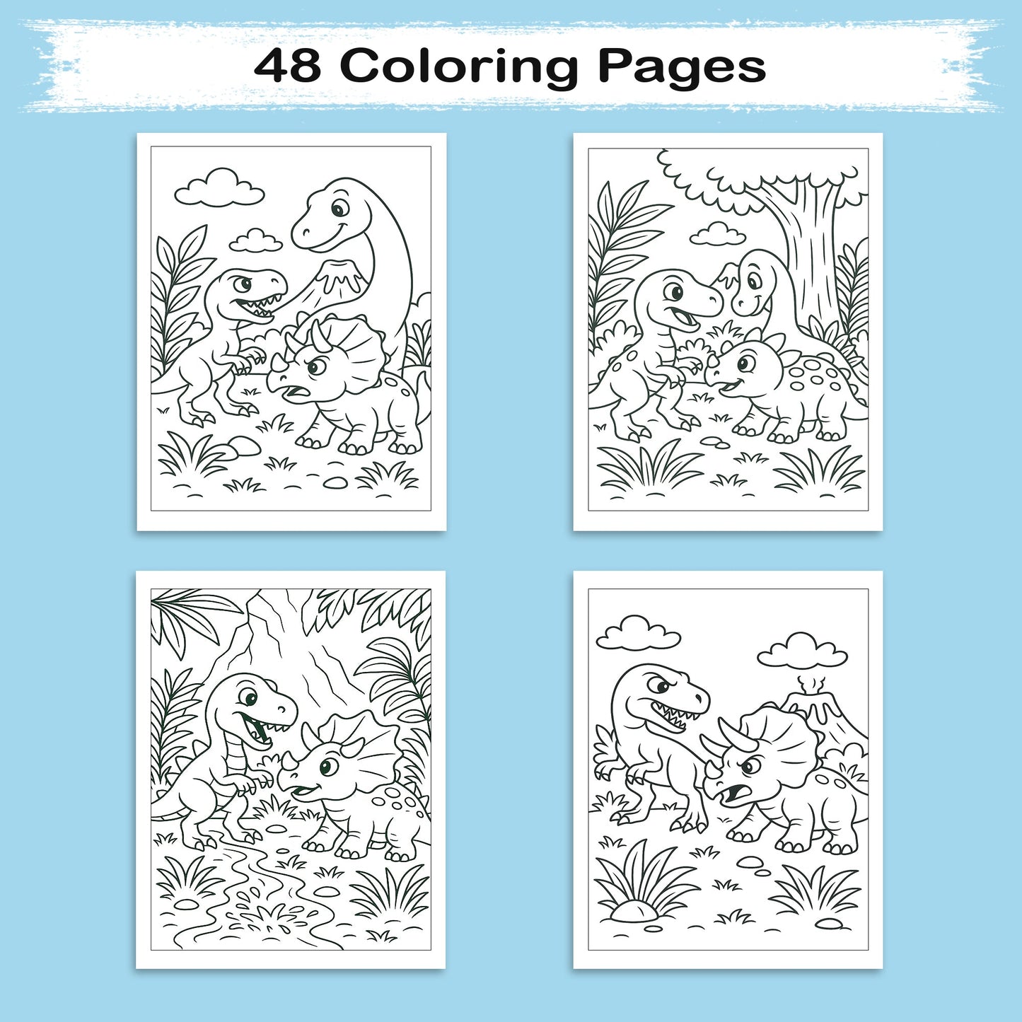 Jurassic Friends & Fights Coloring Pages for Kids – 48 Dino Adventures
