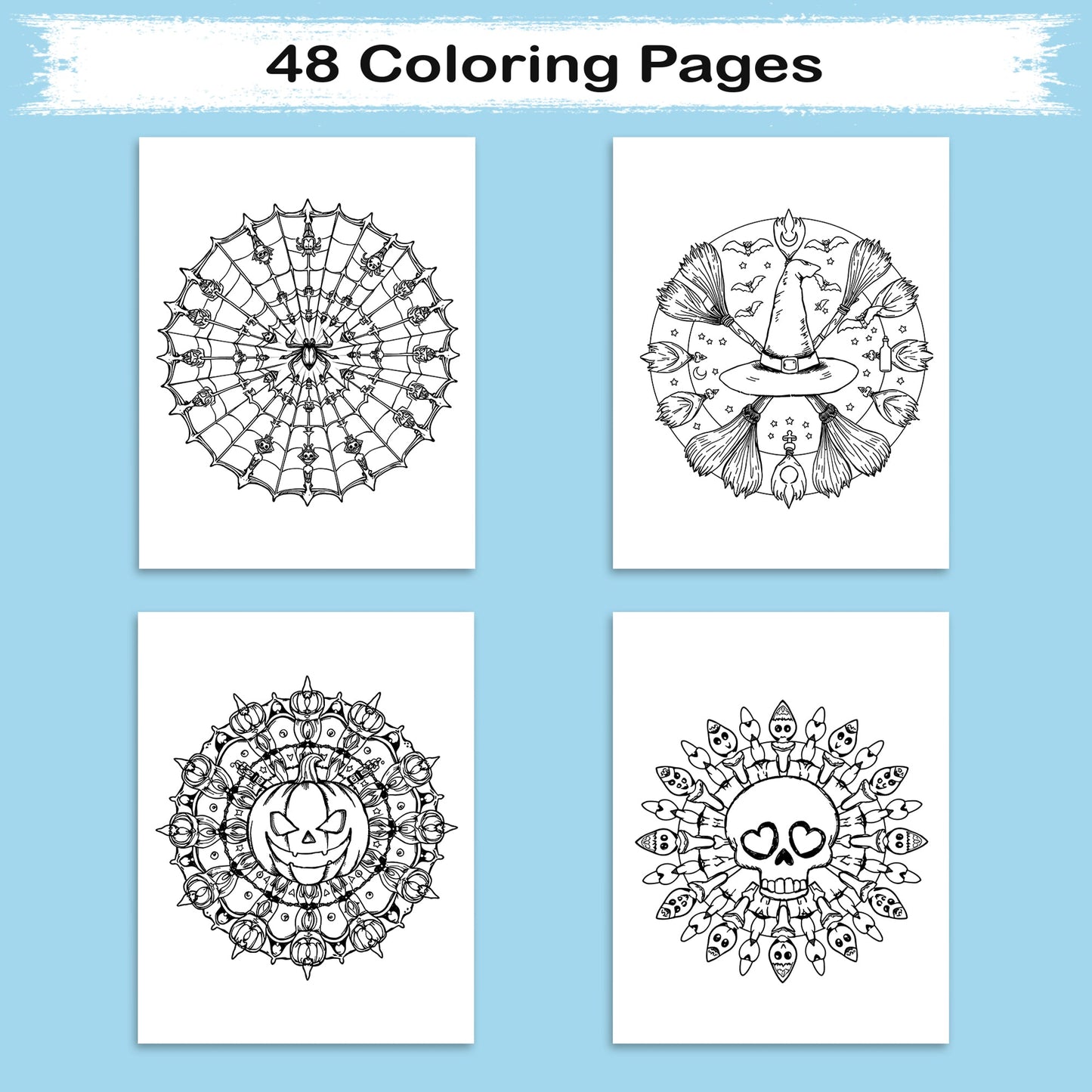 Haunted Mandalas – Mandala Coloring Pages – 48 Pages – Pumpkins, Bats, Skulls & Witchy Symbols – For Adults and Teens