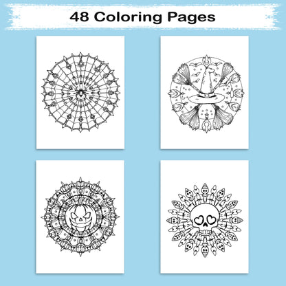 Haunted Mandalas – Mandala Coloring Pages – 48 Pages – Pumpkins, Bats, Skulls & Witchy Symbols – For Adults and Teens