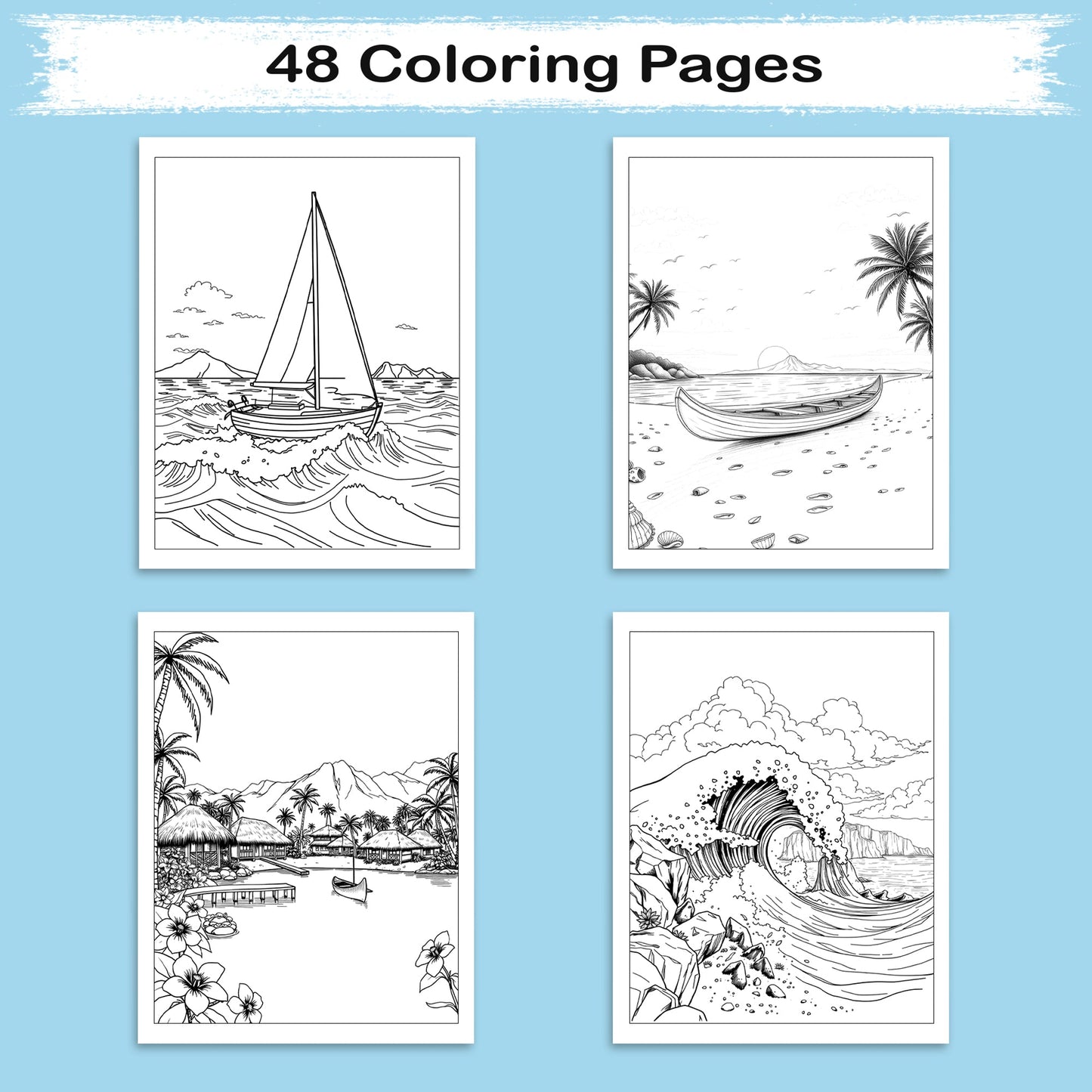 Waves & Villages of Hawaii Coloring Pages – 48 Peaceful Island Scenes with Canoes & Ocean Views - For Adults