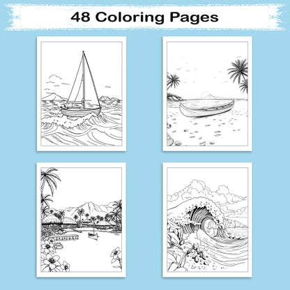 Waves & Villages of Hawaii Coloring Pages – 48 Peaceful Island Scenes with Canoes & Ocean Views - For Adults