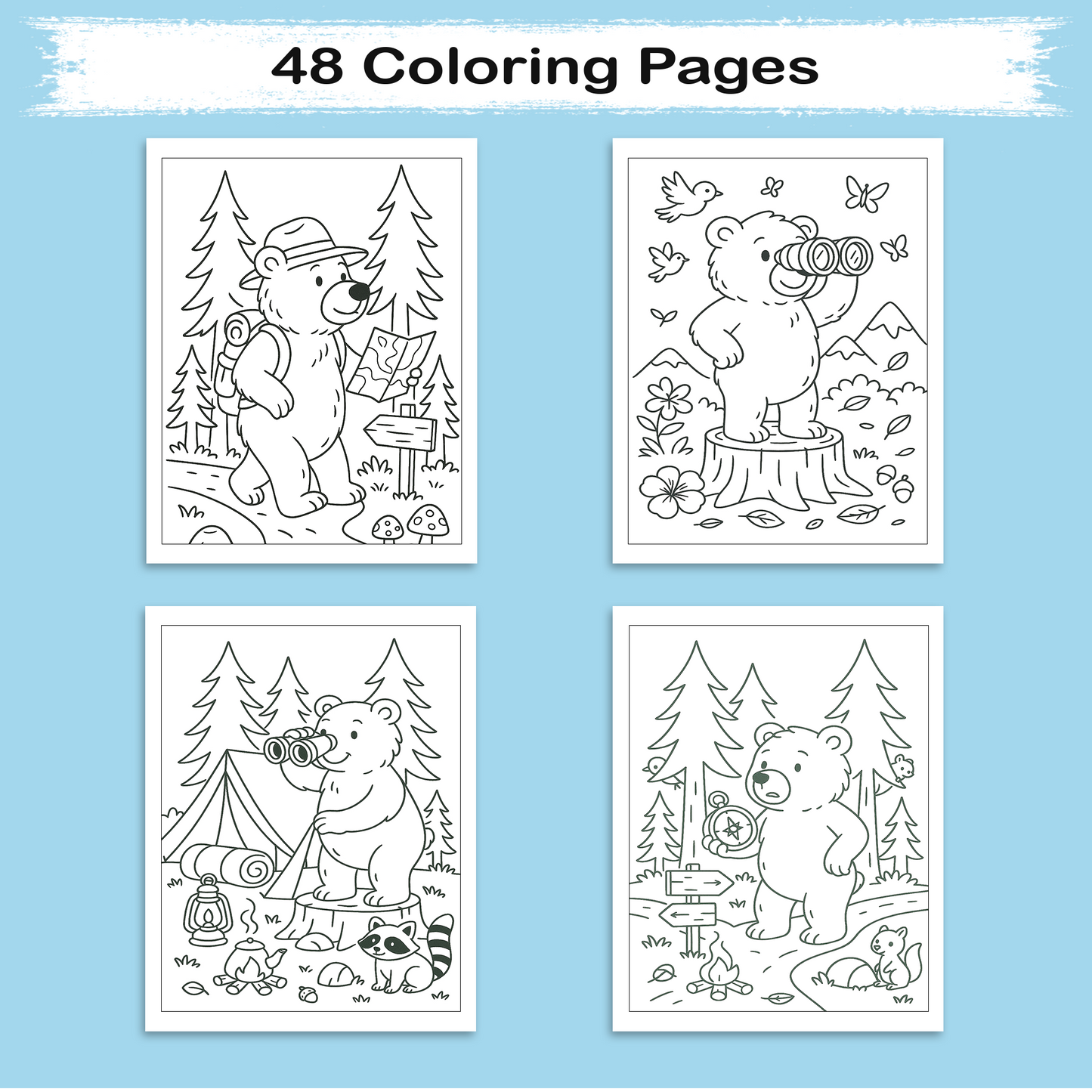 Brown Bear Adventures – Animal Coloring Pages – 48 Pages – Cute, Forest, Wholesome Moments – For Kids