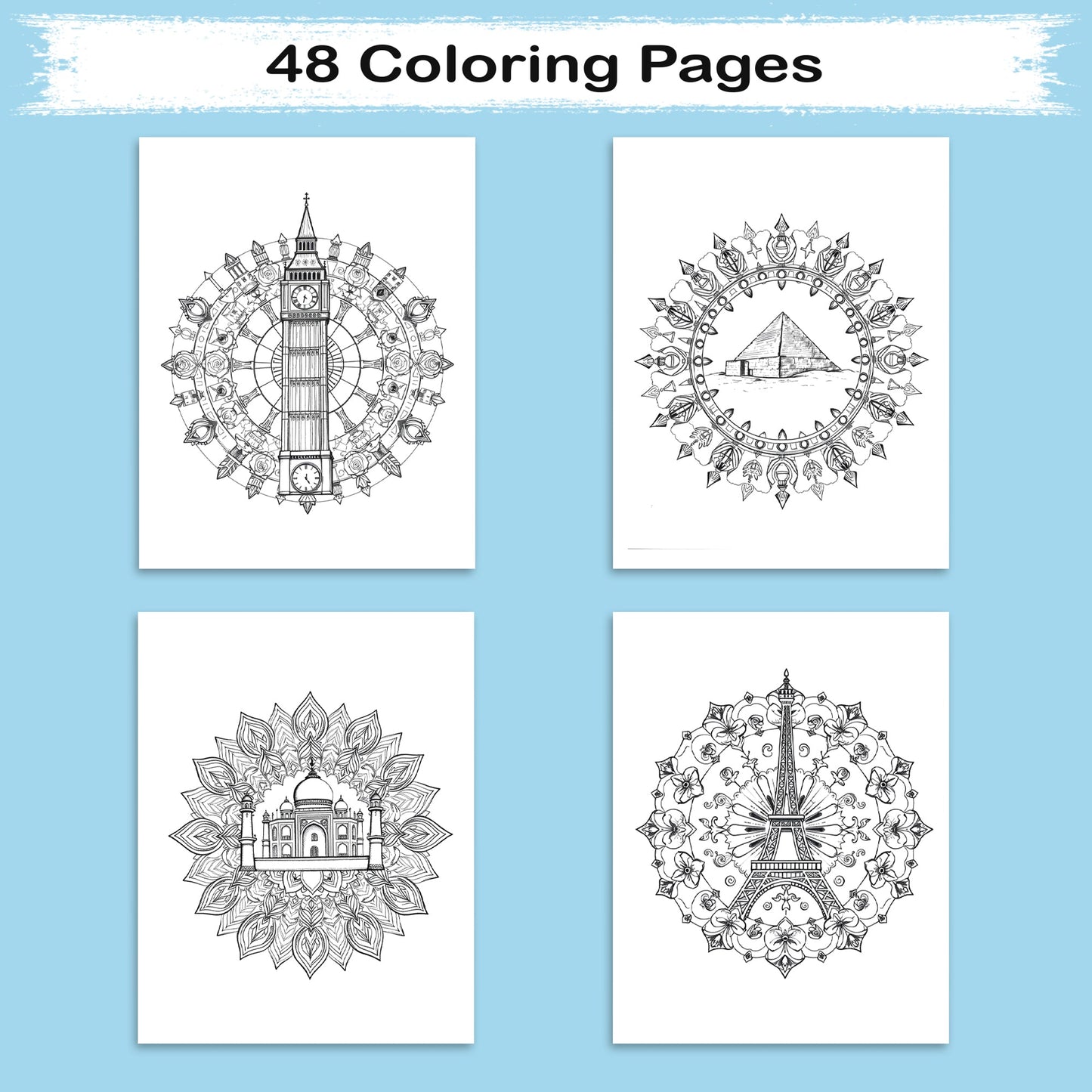 Architectural Mandalas of the World – Mandala Coloring Pages – 48 Pages – Eiffel Tower, Pyramids, Taj Mahal & More – For Adults
