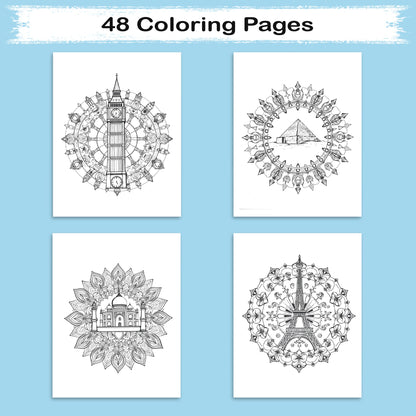Architectural Mandalas of the World – Mandala Coloring Pages – 48 Pages – Eiffel Tower, Pyramids, Taj Mahal & More – For Adults