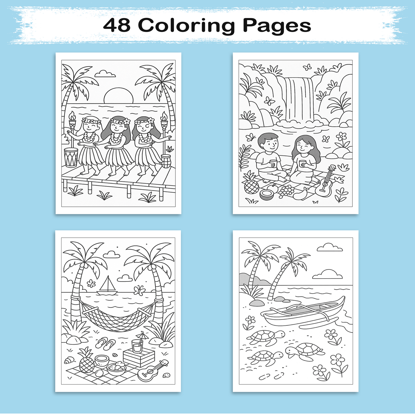 Sunshine & Hula Coloring Pages – 48 Pages – Fun, Tropical, Hawaiian Dances – For Kids