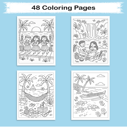 Sunshine & Hula Coloring Pages – 48 Pages – Fun, Tropical, Hawaiian Dances – For Kids