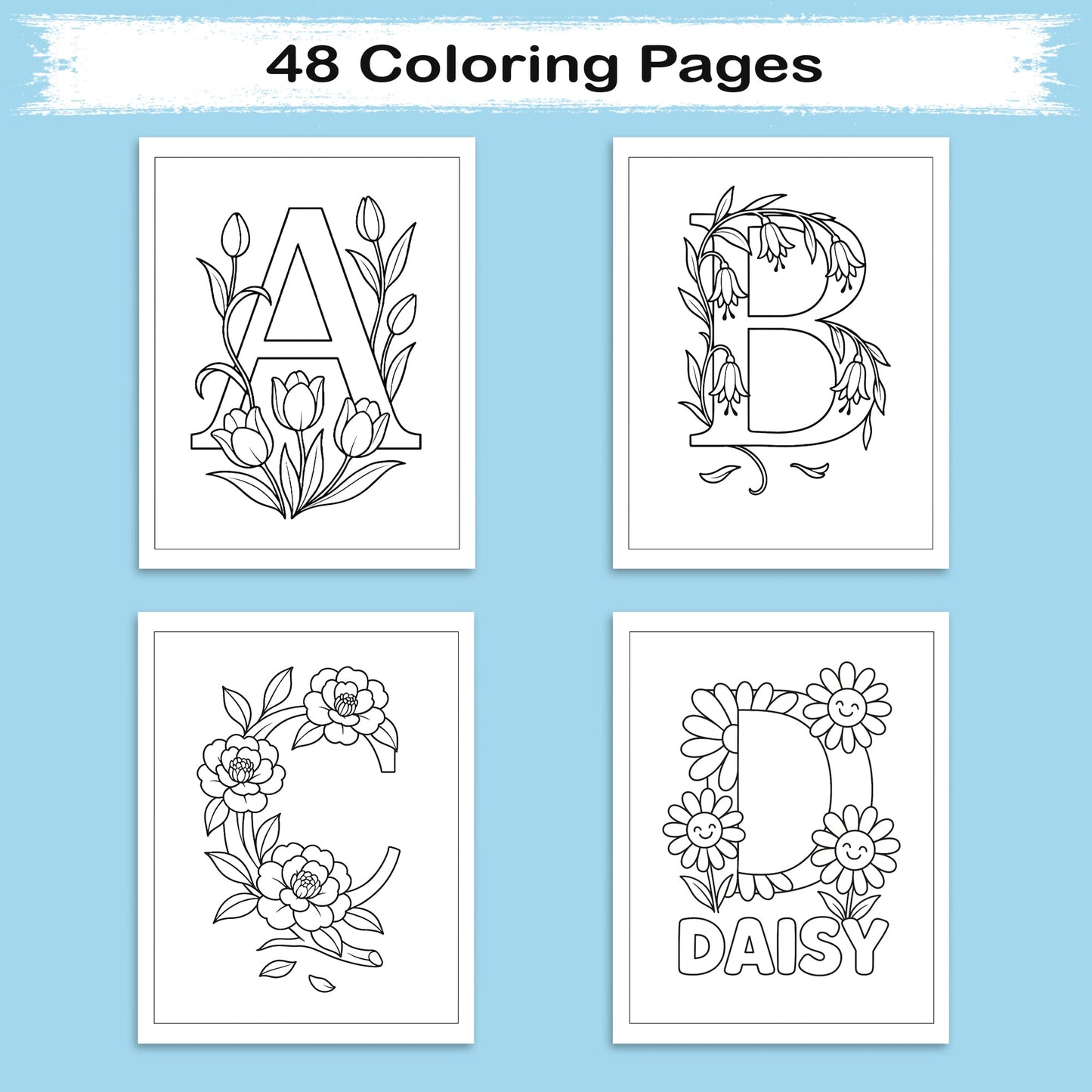 Floral Alphabet Wonders – Coloring Pages – 48 Botanical Letters – For Kids And adults